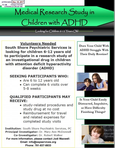 New ADHD med study @ south shore psychiatric srvcs.